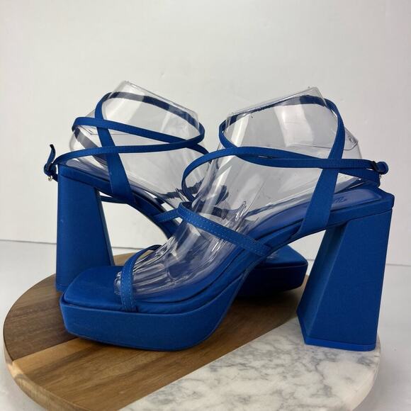 EUC Zara EU 39/US 8.5 Blue Strappy Retro Chunky Platform Heel Square Toe Sandals - Picture 6 of 14
